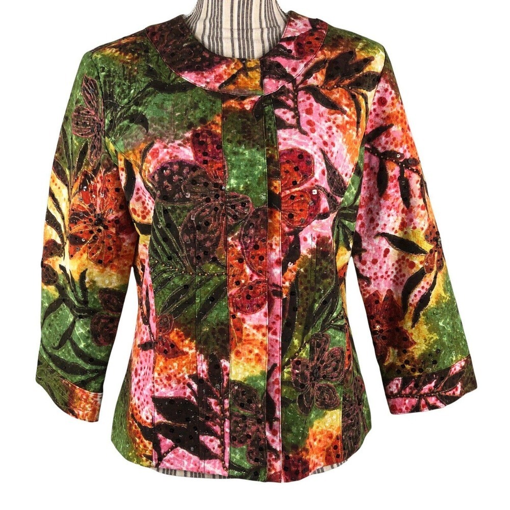 Chicos 1 Womens Size M/8 Floral Embellished Long Sleeve Blazer Jacket